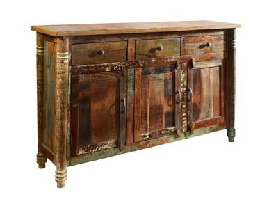 A multi-colored wooden sideboard with three drawers and two doors, presented against a white background.