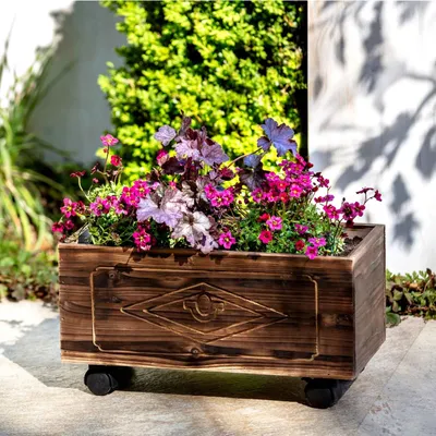 Produktbild von Mobiler Pflanzenwagen aus Holz Länge 44 cm Pflanzkasten Rollen Blumenrollwagen Blumenwagen Blumen Pflanzen Rollwagen Blumenkasten