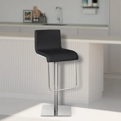 Obrázek produktu pro Moderní nastavitelná barová židle - potah sedáku z koženky - otočná o 360° a výškově nastavitelná | barva: černá | barva podnože: nerezová ocel