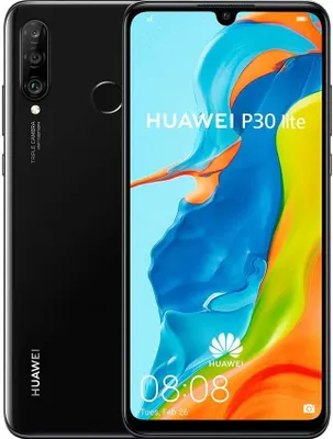 A black Huawei P30 Lite smartphone is shown from the front and back, with the screen displaying the Huawei logo and time.