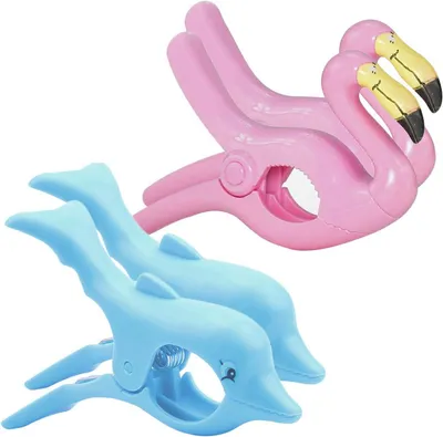 Produktbild von Strandtuch-Clip, windfest, großer Kleiderclip, Kunststoff, Strandliege, Badetuch, Schwimmbad, Wäscheleine, 4 Stück (2 Flamingos, 2 Delfine)