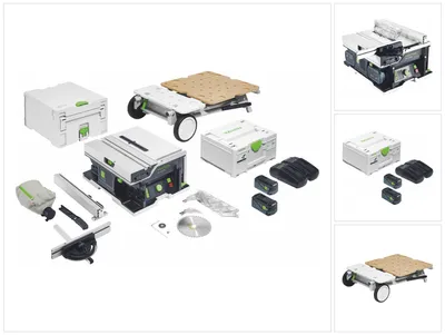 A collage of images showing a portable table saw and its accessories, including storage cases, batteries, and a transport cart.