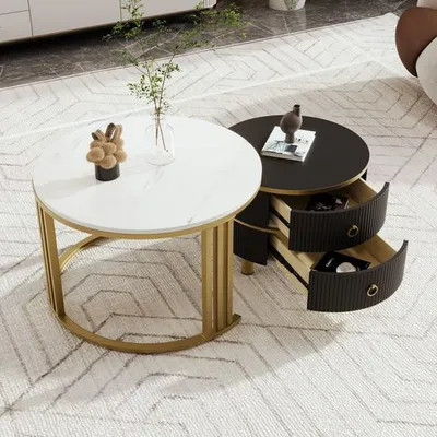 Produktbild von Odikalo Couchtisch 2-in-1 Beistelltisch Teetisch MDF Rund Marmor 2 Schubladen Mehrfarbig