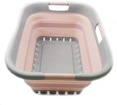 Produktbild von Unyqoos® Faltbarer Wäschekorb aus BPA‑freiem Kunststoff, platzsparend 58 × 45,5 × 26,8 cm (gefaltet 7,5 cm), mit Tragegriffen, Grau/Rosa