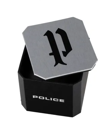A black hexagonal box with a silver lid, featuring the 'POLICE' logo on the side and a stylized 'P' logo on the lid.