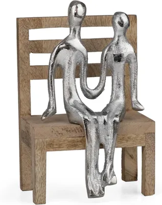 Produktbild von Moderne Dekofigur Paar auf Holzbank aus Aluminium in Silber 15,5 cm Skulptur abstrakt für Liebe und Partnerschaft