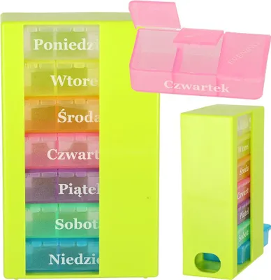 A pill organizer box with multiple compartments for each day of the week, shown with a separate lid and a side view of the organizer.