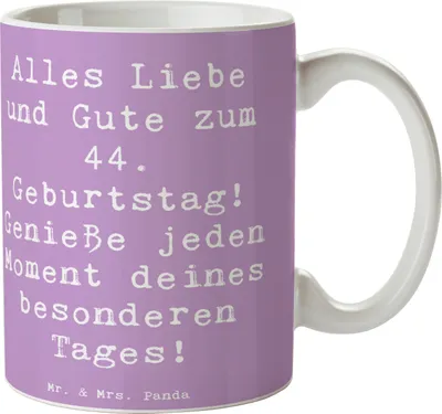 Produktbild von Mr. & Mrs. Panda Kaffeebecher Spruch 44. Geburtstag - Lavendeltraum - Geschenk, Handgefertigt, besonderen Tag, Tasse, Geburtstagswünsche, Alter, Happy Birthday, Teetasse