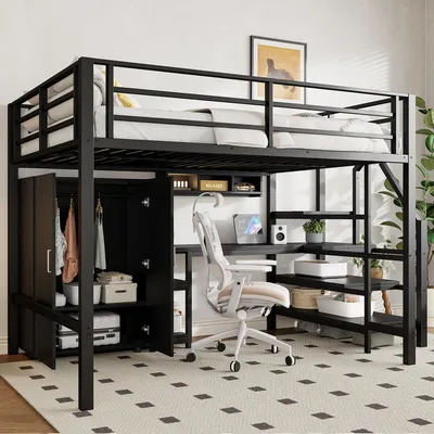 A loft bed with a desk and wardrobe underneath, set up in a room.