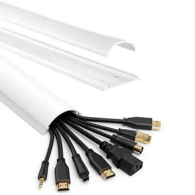A white PVC cable management channel with various cables emerging from it, shown with a separate, disassembled piece of the channel above.