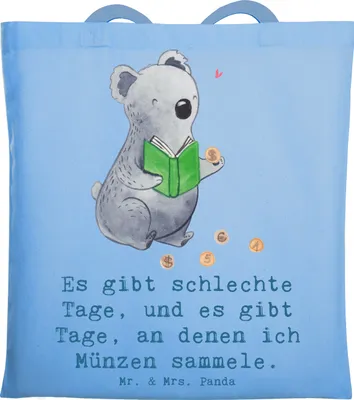 Produktbild von Mr. & Mrs. Panda Shopping Tasche Koala Münzen sammeln - Sky Blue - Geschenk, Tote Bag, aus Aller Welt, Numismatik, Laptoptasche, Schultasche, Stoffbeutel, Einkaufstasche