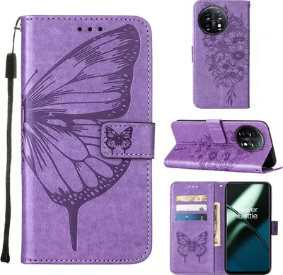 Produktbild von Lederhülle für OnePlus 11 Schmetterling Prägung Flip Ledertasche Kartenfächer Handyhülle mit Ständer Violett