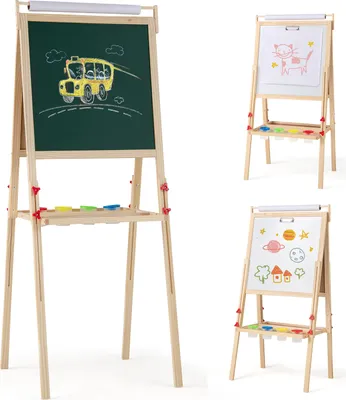 Produktbild von COSTWAY 3-in-1 Kindertafel, Staffelei doppelseitig höhenverstellbar mit magnetischer Kreidetafel, Whiteboard & 4 Farbbechern, Standtafel für Kinder 3+