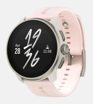 A close-up shot of a pink smartwatch with a gray bezel and strap, displayed against a white background.