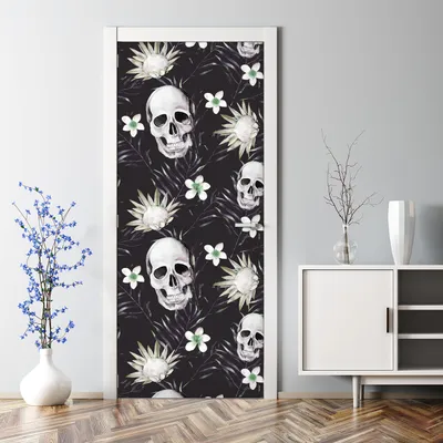 Produktbild von Dekorative Türposter selbstklebend Wandaufkleber dekoration Fototapete Schädel mit Blumen 77 x 200 cm