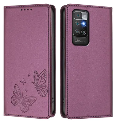 Image de Étui en cuir pour Xiaomi Redmi 10 4G, motif papillon, étui portefeuille à rabat avec support, violet