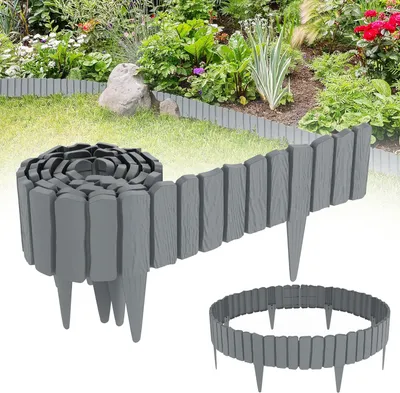 Obrázek produktu pro QEENTOE Okrajové prvky pro trávníky a záhony, obrubníky v designu imitace dřeva, hraniční prvky, palisády, zahradní plot, šedá barva, 2,3 metru, 4 kusy