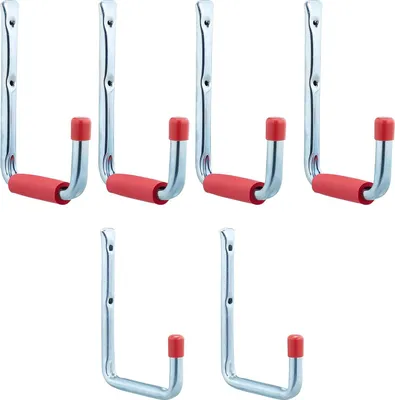 Produktbild von 12 tlg. Wandhaken Set, 2 Größen, bis 17,5 kg, Haken für Garage, Werkstatt, Keller, Stahl, Schaumstoff, silber-rot
