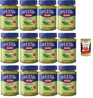 Produktbild von Barilla Pesto Basilikum & Pistazie – 12 Gläser cremig-nussige Pastasauce mit 100% italienischem Basilikum, ideal für Pasta, Bruschetta & Salate – ohne Zusätze – + Italian Gourmet polpa