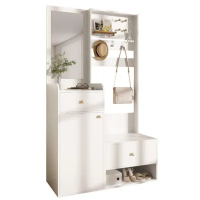 Produktbild von Kompaktgarderobe,Garderobenschränke Eingangsregal Aufbewahrung mit Spiegel, verstellbaren Haken105 cm