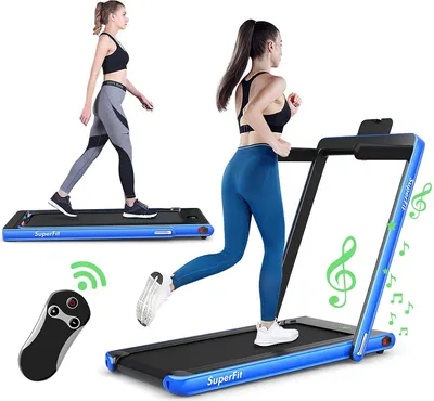 Two women are shown using treadmills, one walking and one running. A remote control is also visible.