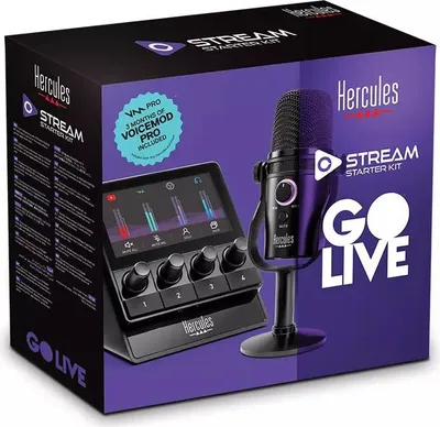 Produktbild von Hercules Stream Starter Kit, USB Typ-C, Tischmikrofon, Unidirektional/ Kardioid, 50 - 18000 Hz, -53 dB, 600 Ohm