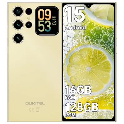 Image de OUKITEL C62 Smartphone Android 15, Téléphone Portable 16 Go RAM (4+12) + 128 Go, Écrans 6,88" et 1,81", Batterie 5150 mAh, GPS/OTG, Doré