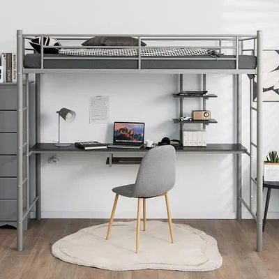 Produktbild von Hochbett mit Schreibtisch, Etagenbett mit 2 Leitern, Stockbett aus Metall, Bettrahmen für Teenager und Erwachsene (Silber)