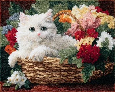 Imagen del producto de Juego de alfombras tejidas con diseño preimpreso de un gato en una cesta de flores, 60x90 cm