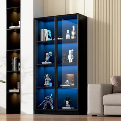 Immagine prodotto di Vetrina espositiva con illuminazione a LED, dimensioni 80x40x160 cm, colore nero, 2 ante in vetro, ripiani interni regolabili