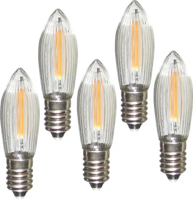A group of five LED filament light bulbs with a clear, ribbed glass casing and silver screw bases, arranged on a white background.