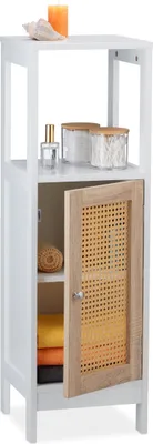 Image de Armoire de salle de bain Relaxdays, 3 compartiments, L x H x P : 96,5 x 30 x 30 cm, modèle étroit, MDF, aspect rotin, armoire de salle de bain de taille moyenne, blanc/naturel