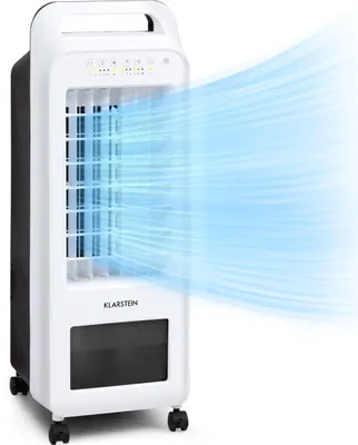 A white and black portable air cooler with blue air currents flowing out of it.