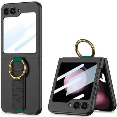 Immagine prodotto di Custodia per Samsung Galaxy Z Flip 5 Custodia rigida in PC con protezione dello schermo, cinturino e supporto ad anello nero