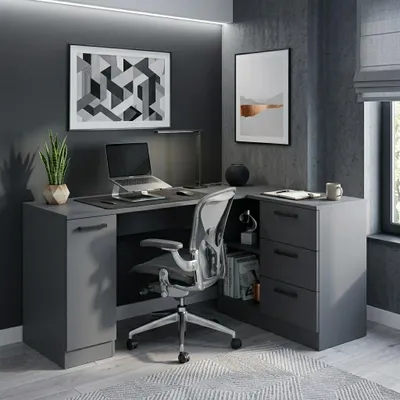 Zdjęcie produktu dla Biurko Narożne Antracyt Uniwersalne Lewe Prawe z Szufladami Szafką Komputerowe Duże 155x85 cm do Biura Pokoju Młodzieżowe Ucznia Stolik pod Komputer