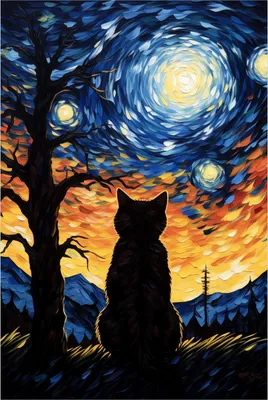 Produktbild von Wallario Poster - Katze im Sternenlicht, Kunstdruck Größe: 61 x 91,50 cm