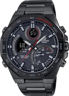 A close-up, front-facing studio shot of a black Casio Edifice watch.