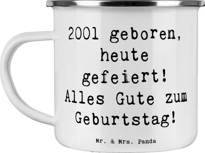 Produktbild von Mr. & Mrs. Panda Emaille Tasse Spruch 2001 Geburtstag - Weiß - Geschenk, Happy Birthday, Haferl, Geburtstagsgeschenk, Becher, Pott, Teetasse, Erinnerungen, Jahrgang