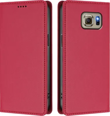 Produktbild von Handyhülle für Samsung Galaxy S6, Kunstleder Klapphülle Stoßfeste Magnetische Hülle mit Ständer Rot
