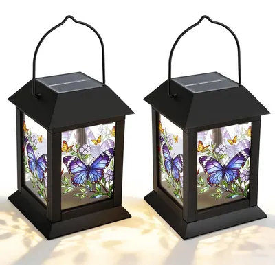 Immagine prodotto di Lanterne solari per esterni - Set di 2 lanterne da giardino da appendere - Fiamma di candela tremolante - LED con cambio di colore - Alimentazione a energia solare - Impermeabili