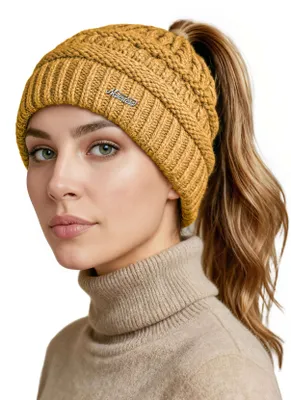 Produktbild von Damen Strickmütze Mütze Zopfloch Grobstrick Ungefüttert Wintermütze Langhaar Frauen Neverless®
