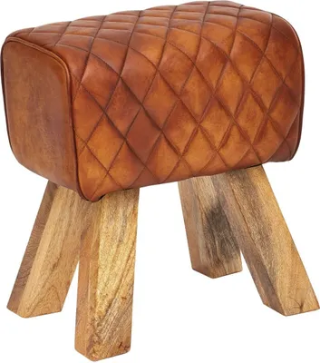 Produktbild von Sitzhocker Echtleder / Massivholz 40x48x27 cm Modern Fußhocker, Turnbock Lederhocker Braun, Kleiner Hocker Gepolstert, Holzhocker mit Leder-Bezug