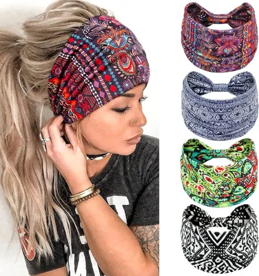 Produktbild von Boho Haarband Damen, Elastisches Stirnband, Set von 4 Stück, Weiches und Atmungsaktives Material, für Yoga