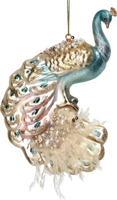 Christbaumschmuck Glas 13,3cm Pfau mit Perlen Hellblau / Perle