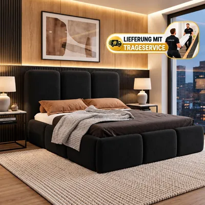 Produktbild von Polsterbett 160x200 cm mit Bettkasten VARDO, Stauraum und Metall-Lattenrost – Bouclé Stoff Schwarz