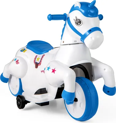 Produktbild von DREAMADE Akkubetriebenes Einhorn-Aufsitzspielzeug für Kinder, niedliches Reitpferd mit Stützrädern, Musik, Ein-Knopf-Start & LED-Stromanzeige Blau