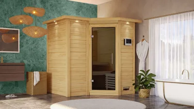 Produktbild von Karibu Sauna Innensauna Sahib 1 Eckeinstieg Ofen 9 kW integr. Strg  221x198x214 cm mit Dachkranz  mit Graphittür