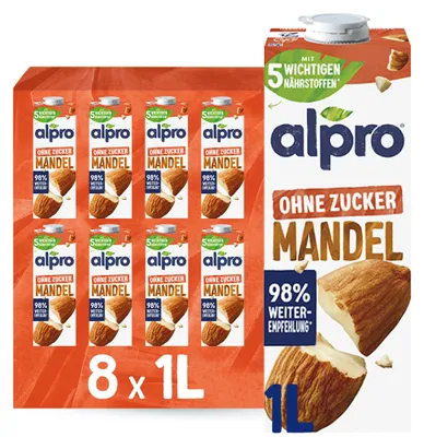 Produktbild von Alpro Mandeldrink Ohne Zucker – Quelle von Calcium und Vitaminen – Zuckerfrei, glutenfrei, fettarm, ohne Laktose, vegan und milchfrei – 8 x 1 L – Haltbar