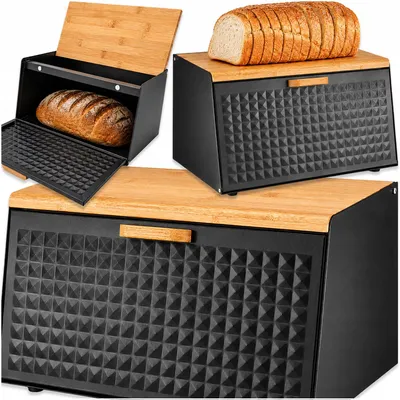 Obrázek produktu pro Kovový chlebník s bambusovým víkem a prkénkem, černý strukturovaný box na pečivo