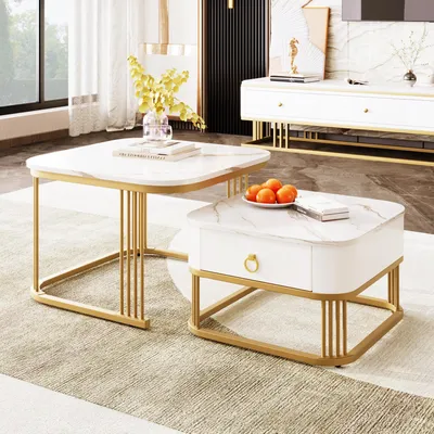 Image de OKWISH Table Basse Gigogne Moderne 2 Pièces avec Plateau en Verre Effet Marbre - Structure Métal Doré - Blanc et Or - 60x60x45 + 50x50x34 cm